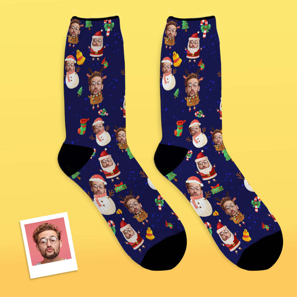 Calcetines De Cara Personalizados Agregue Imágenes Y Nombre Papá Noel Y Muñeco De Nieve Calcetines Suaves Transpirables - MyFaceSocksMX