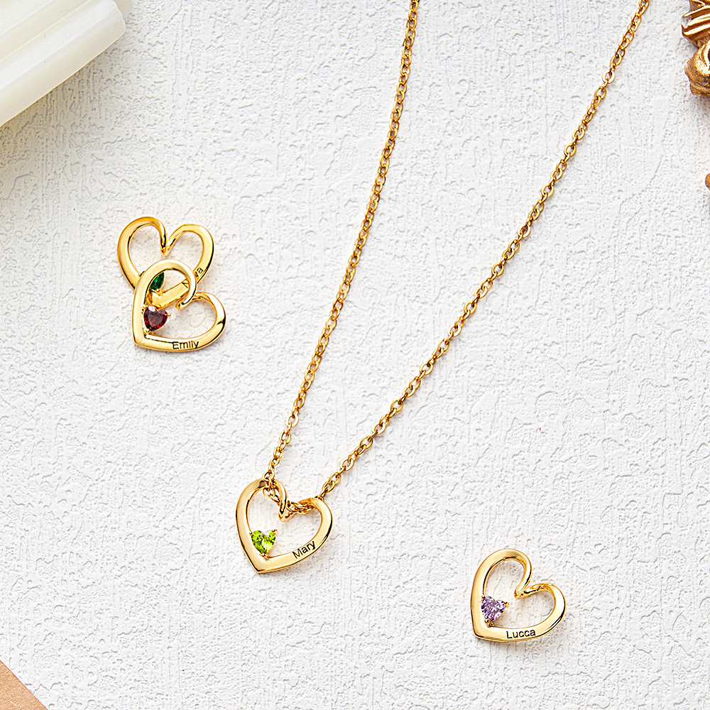 Collar Personalizado Con Nombre Y Piedra De Nacimiento En Forma De Corazón Para Mamá Y Abuela