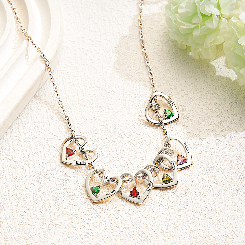 Collar Personalizado Con Nombre Y Piedra De Nacimiento En Forma De Corazón Para Mamá Y Abuela