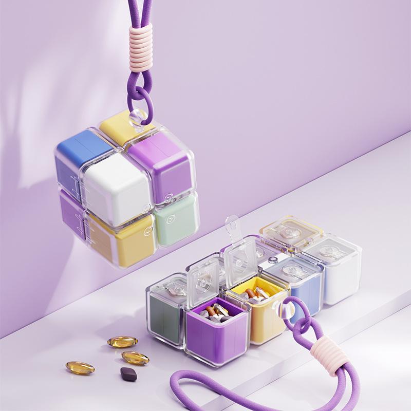 Pastillero Portátil Tipo Cubo Con Cordón: Caja De Medicamentos Semanal De Gran Capacidad, Estuche De Abs Resistente A La Humedad. - miscalcetinescaramx