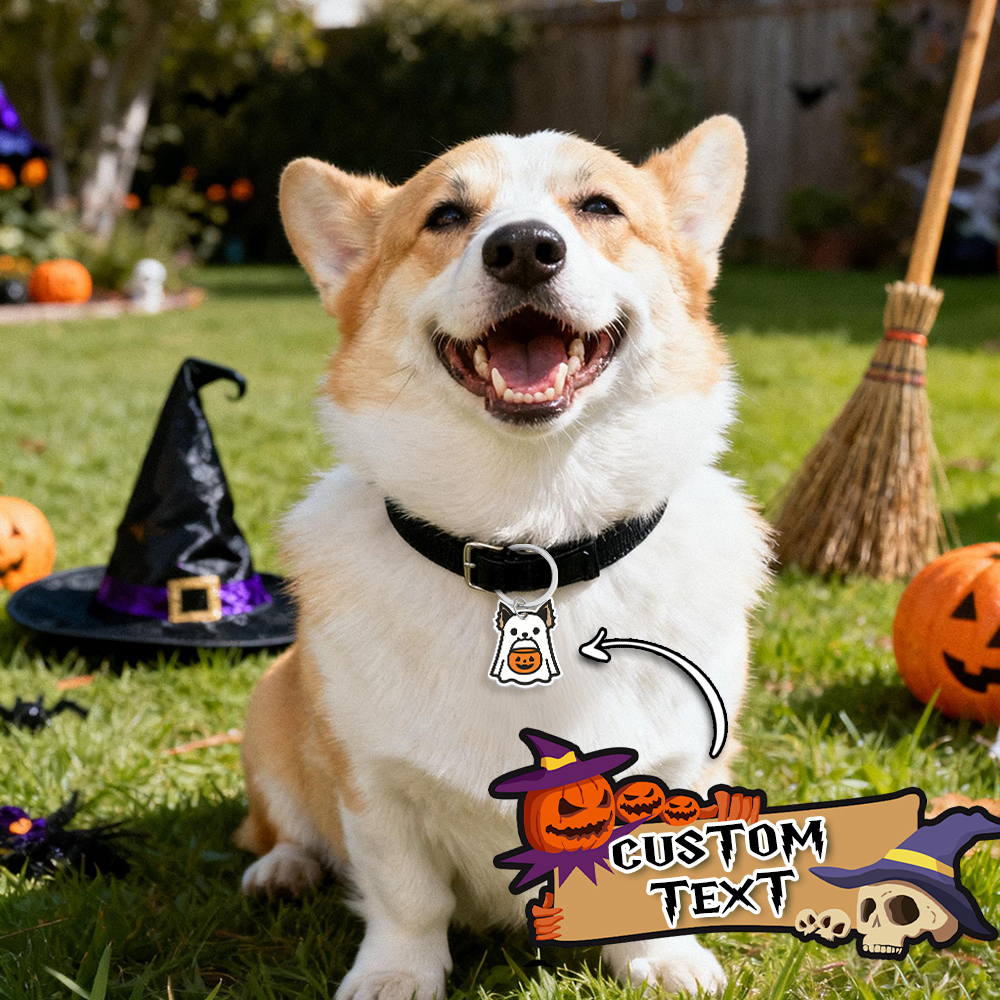 Placa De Identificación Para Perro Fantasma - Placa Para Mascota Impresa En 3d, Personalizada, Sostenible, Llavero, Adorable, Halloween, Espeluznante - miscalcetinescaramx