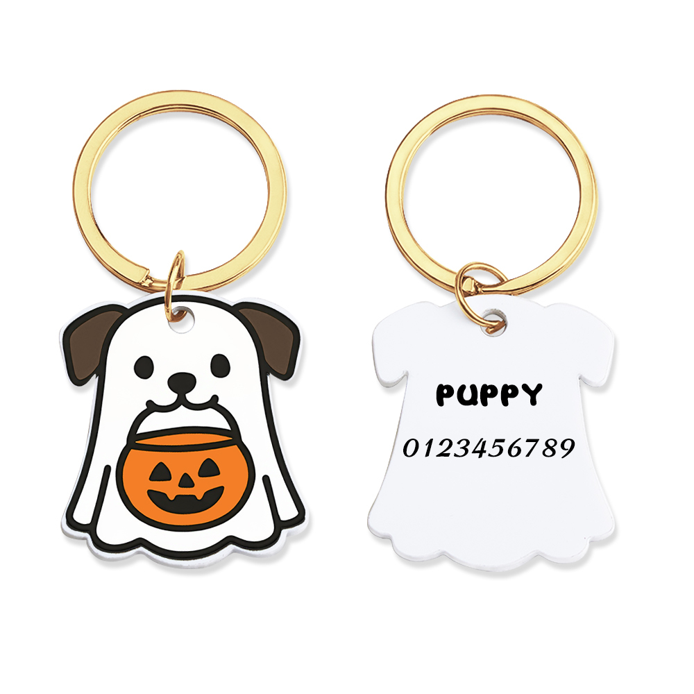 Placa De Identificación Para Perro Fantasma - Placa Para Mascota Impresa En 3d, Personalizada, Sostenible, Llavero, Adorable, Halloween, Espeluznante - miscalcetinescaramx