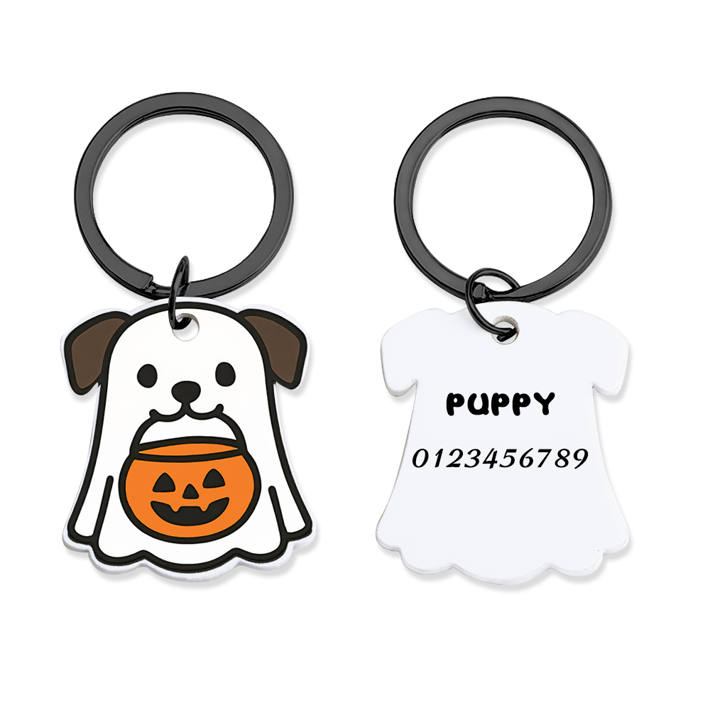 Placa De Identificación Para Perro Fantasma - Placa Para Mascota Impresa En 3d, Personalizada, Sostenible, Llavero, Adorable, Halloween, Espeluznante - miscalcetinescaramx