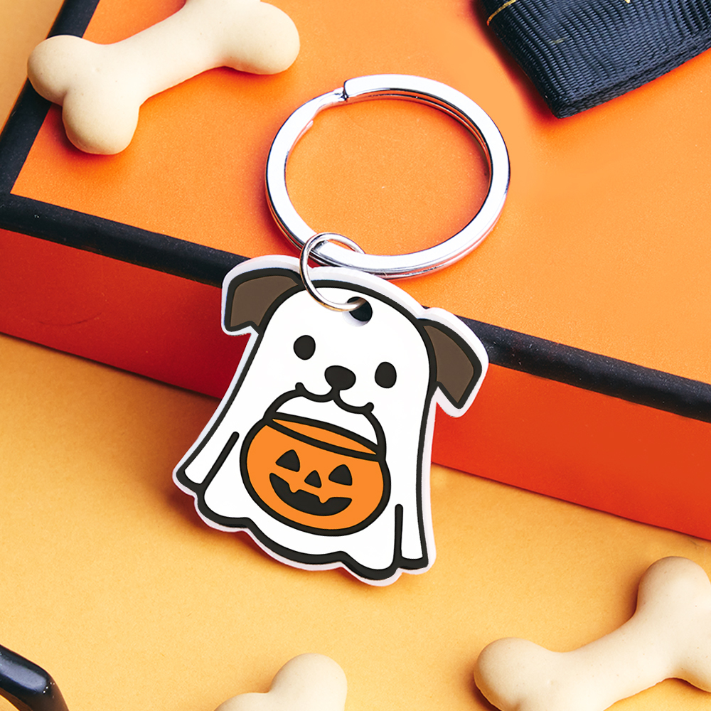 Placa De Identificación Para Perro Fantasma - Placa Para Mascota Impresa En 3d, Personalizada, Sostenible, Llavero, Adorable, Halloween, Espeluznante - miscalcetinescaramx