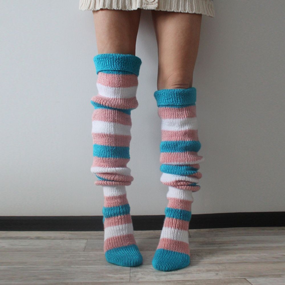 Calentadores De Piernas De Invierno Para Mujer Calcetines De Pila De Punto A Rayas Sobre La Rodilla - MyFaceSocksMX