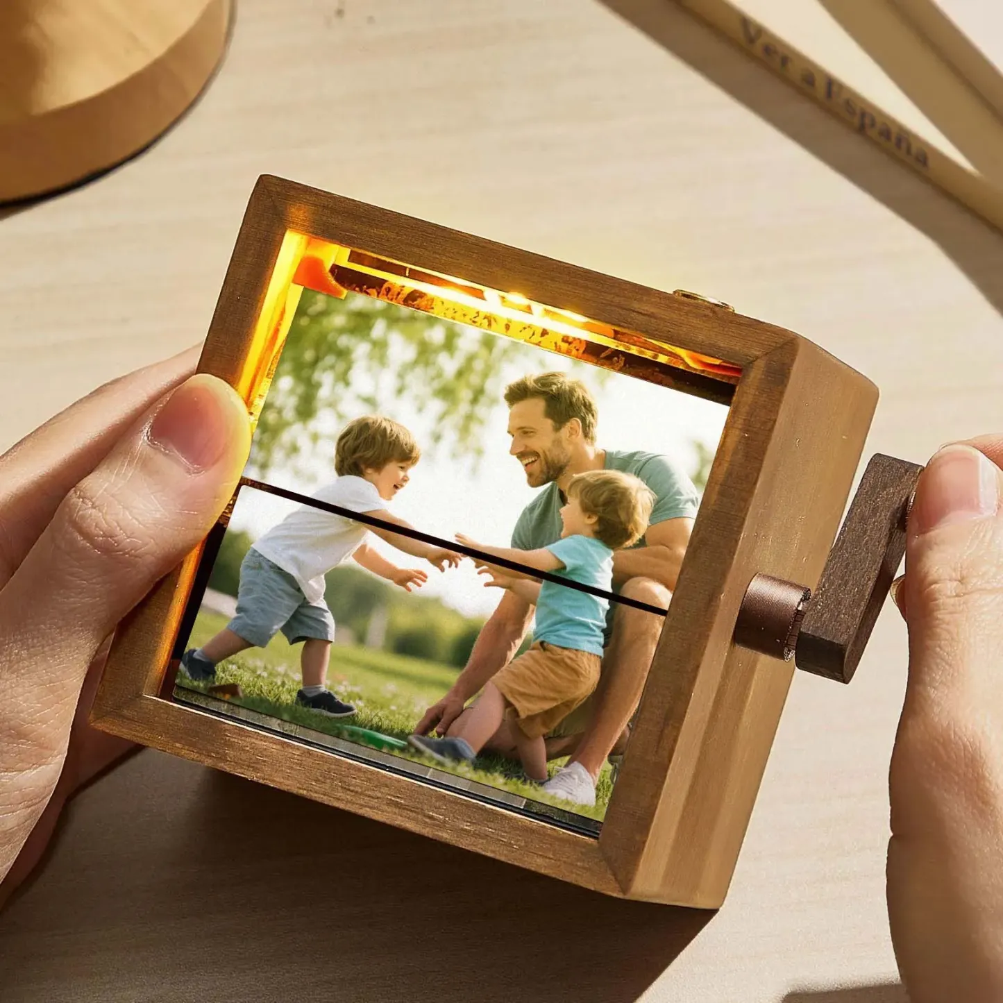 Regalo para el Día del Padre Máquina De Animación De Marcos De Fotos Personalizados Con Flipbook Mecánico Con Manivela, Caja De Flipbook Con Luz De Nogal Negro, Regalo De San Valentín