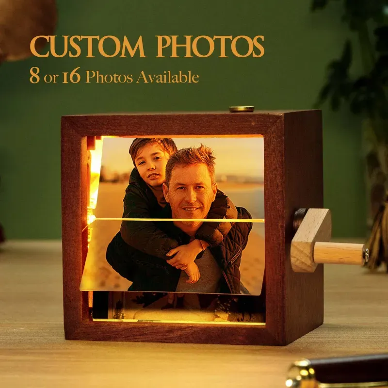 Regalo para el Día del Padre Máquina De Animación De Marcos De Fotos Personalizados Con Flipbook Mecánico Con Manivela, Caja De Flipbook Con Luz De Nogal Negro, Regalo De San Valentín
