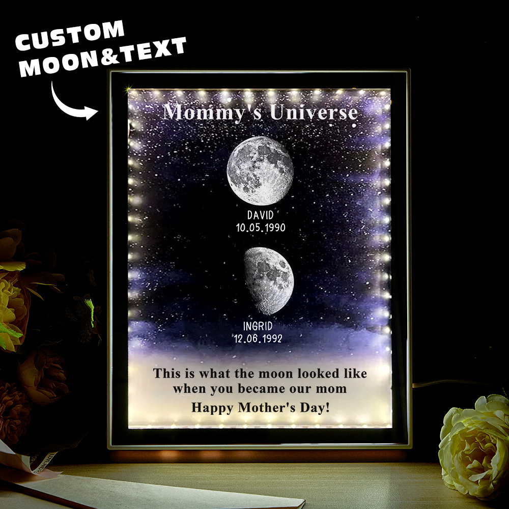 Mommy's Universe - Cajas De Luz Personalizadas Con Espejos Y Fases Lunares Estrelladas - miscalcetinescaramx