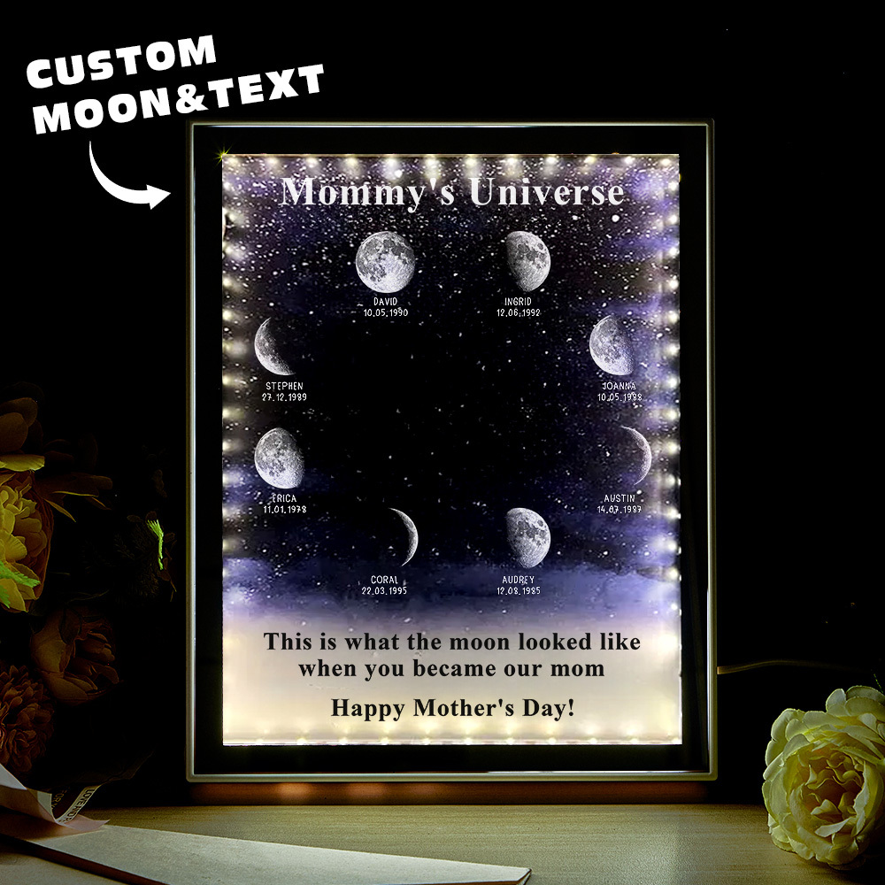 Mommy's Universe - Cajas De Luz Personalizadas Con Espejos Y Fases Lunares Estrelladas - miscalcetinescaramx
