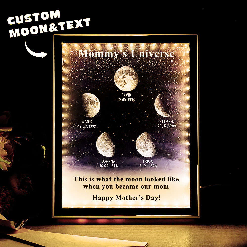 Mommy's Universe - Cajas De Luz Personalizadas Con Espejos Y Fases Lunares Estrelladas - miscalcetinescaramx