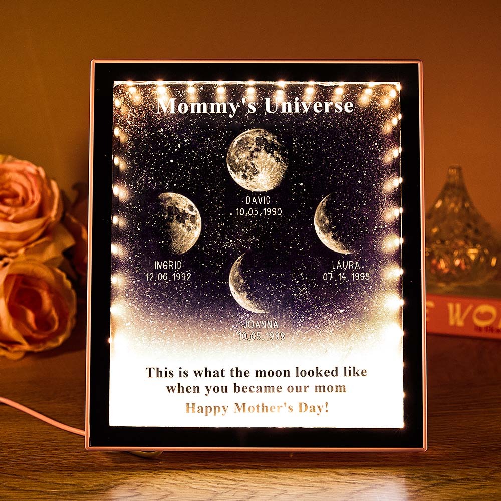 Mommy's Universe - Cajas De Luz Personalizadas Con Espejos Y Fases Lunares Estrelladas - miscalcetinescaramx