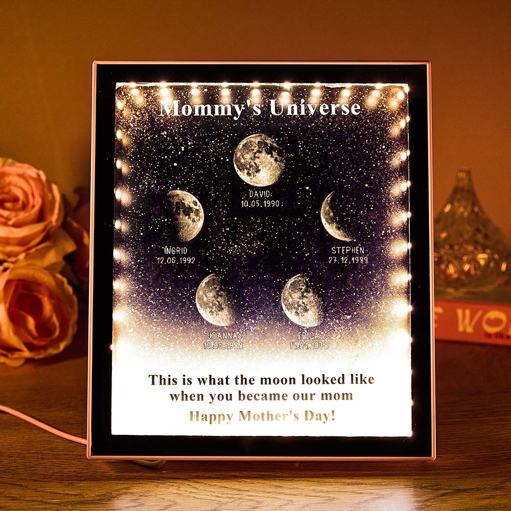 Mommy's Universe - Cajas De Luz Personalizadas Con Espejos Y Fases Lunares Estrelladas - miscalcetinescaramx