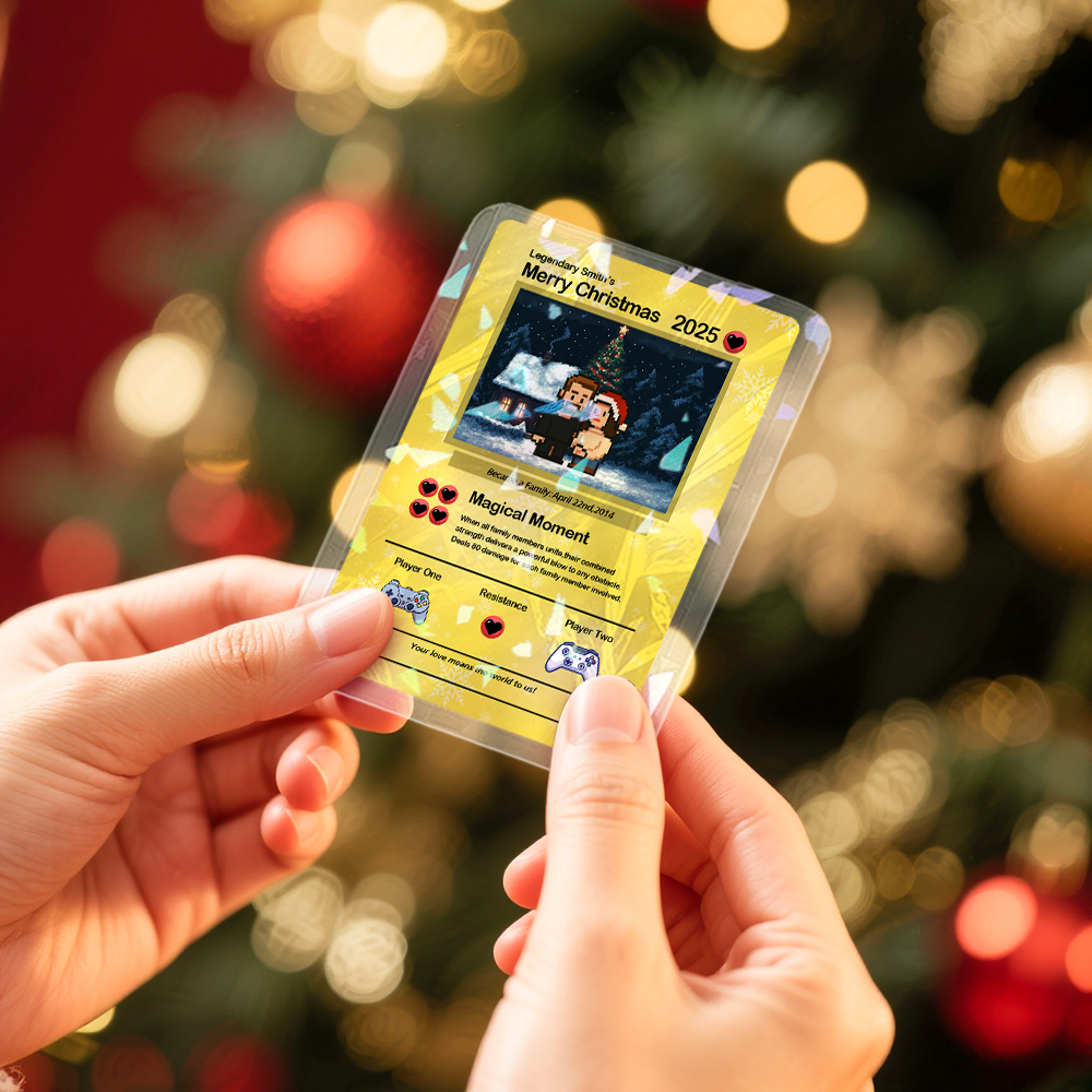 Tarjeta De Feliz Navidad Personalizada Para La Familia. Convierte Tu Foto En Una Tarjeta Coleccionable Única Estilo Pixel Man. Regalo De Navidad. - miscalcetinescaramx