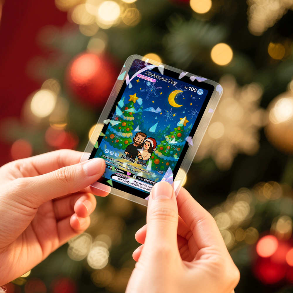 Tarjeta De Feliz Navidad Personalizada Para La Familia. Convierte Tu Foto En Una Tarjeta Coleccionable Única Estilo Pixel Man. Regalo De Navidad. - miscalcetinescaramx