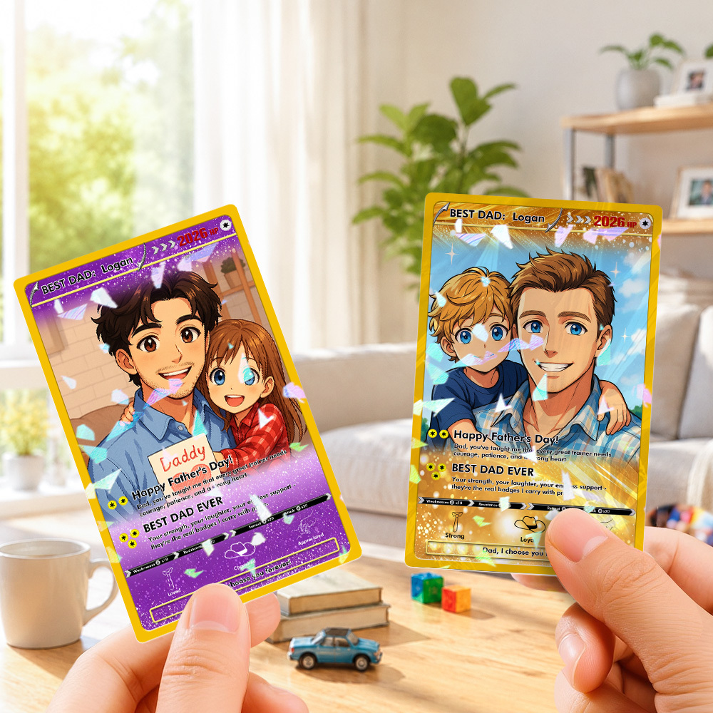Tarjeta coleccionable personalizada de Monster Trainer para el día del padre: recuerdo fotográfico personalizado, tarjeta inspirada en criaturas de anime, regalo único para padres jugadores y padres geek