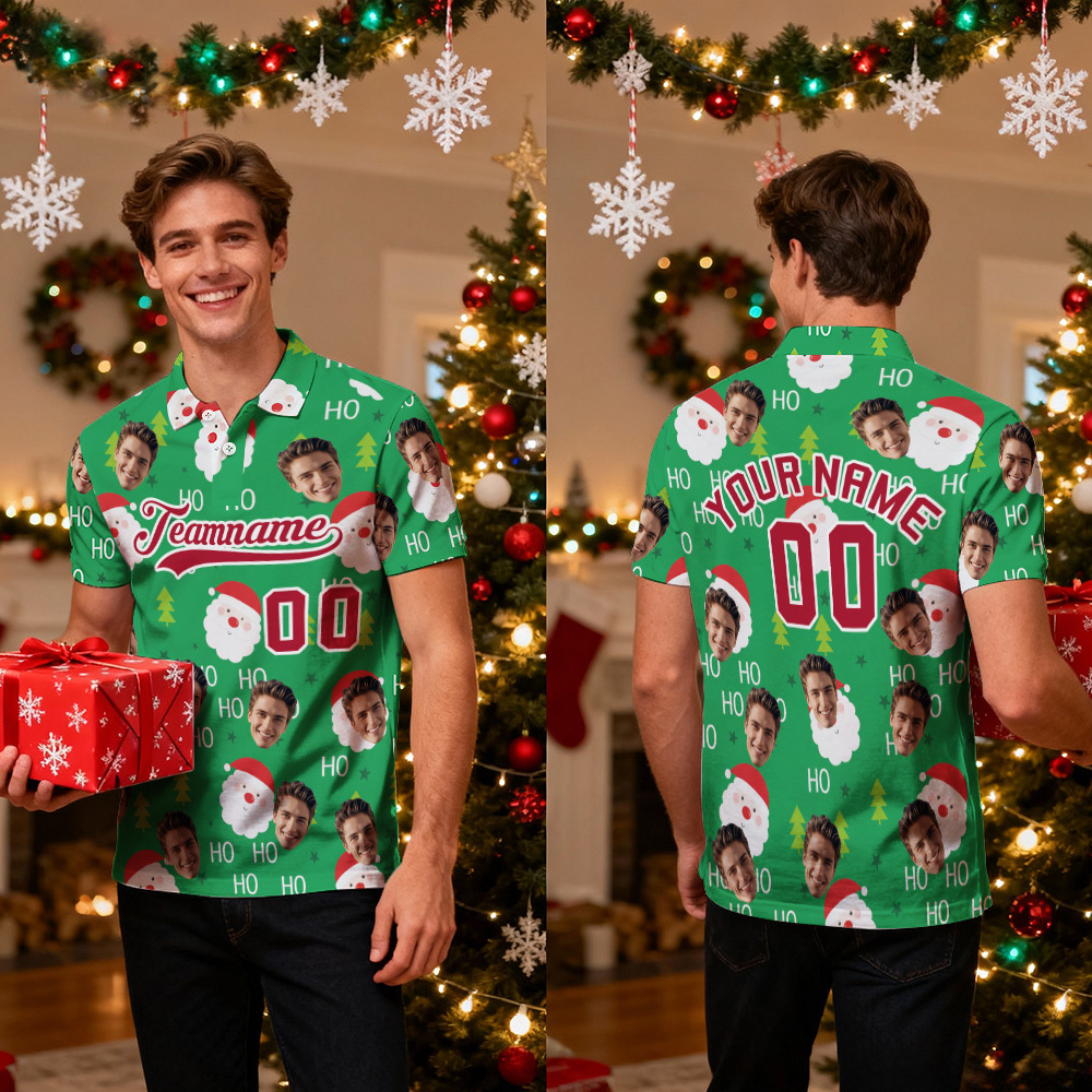 Polo Navideño De Hombre Jengibre Azul Con Cara Y Texto Personalizados, Polo De Golf De Alto Rendimiento Con Papá Noel Navideño - miscalcetinescaramx