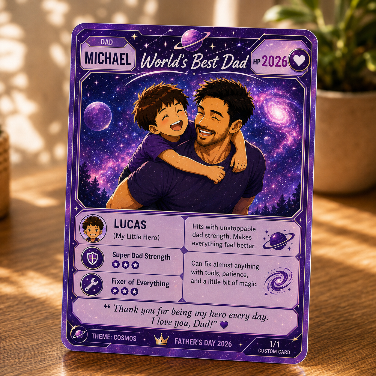Tarjeta de papá personalizada, tarjeta comercial de padre personalizada, tarjeta acrílica holográfica, regalo de papá anime, recuerdo del día del padre, tarjeta temática personalizada - miscalcetinescaramx