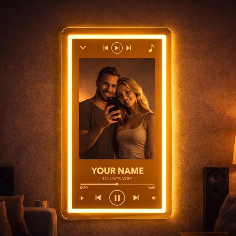 Letrero de neón con espejo estilo reproductor de música personalizado, pantalla de música con luz LED de espejo, decoración de pared de dormitorio estética moderna, regalo de inauguración de la casa - miscalcetinescaramx