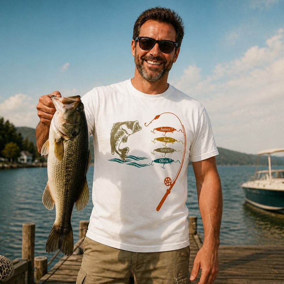 Papá/Abuelo Pescando con el nombre de los niños Camiseta de sublimación Camiseta de regalo del Día del Padre - miscalcetinescaramx