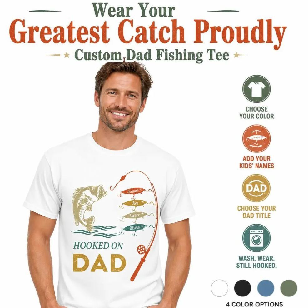 Papá/Abuelo Pescando con el nombre de los niños Camiseta de sublimación Camiseta de regalo del Día del Padre - miscalcetinescaramx