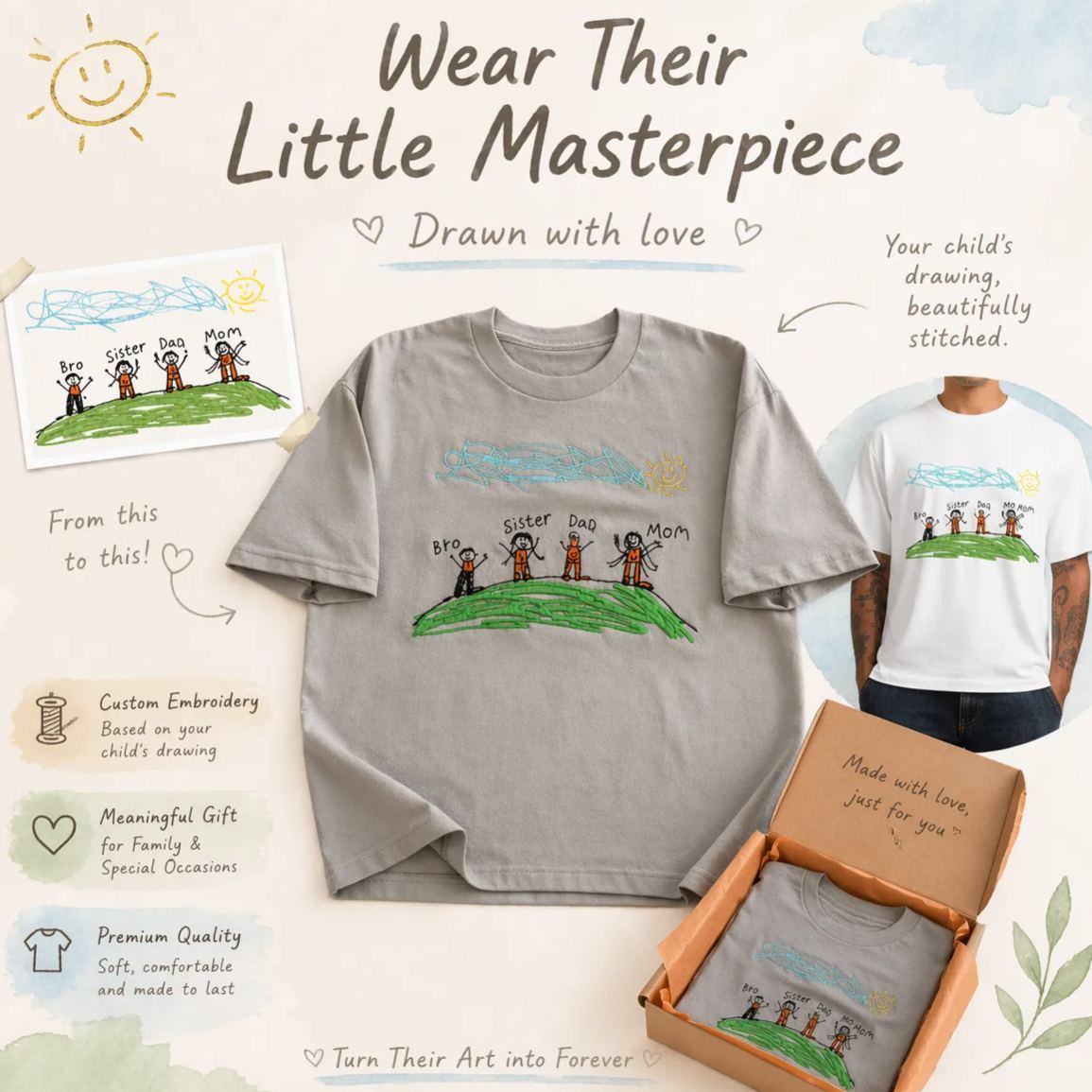 Camiseta Bordada Con Dibujo Personalizado Para Niños: Camiseta Personalizada Con Ilustraciones Infantiles, Camisa Personalizada Con Bordado De Retrato Familiar, Regalo Significativo Para Mamá, Papá Y Abuelos - miscalcetinescaramx