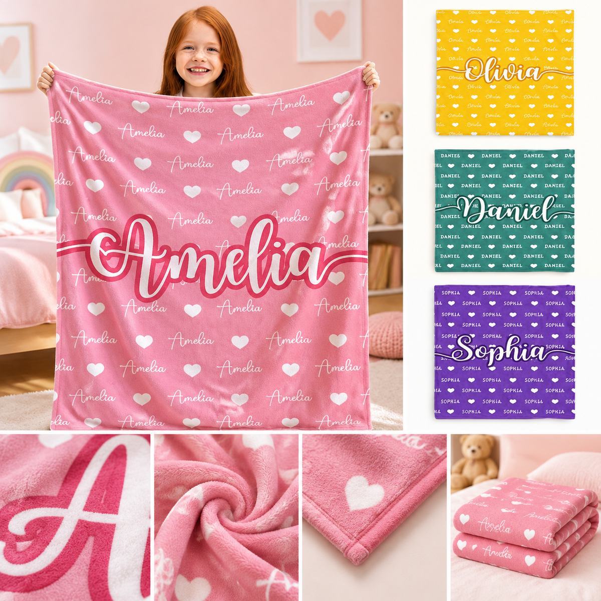 Manta Polar Personalizada Para Niños, Regalo De Cumpleaños Con Nombre Y Corazones, Acogedora Manta Sherpa Para Niñas Y Niños, Regalo De Navidad - miscalcetinescaramx