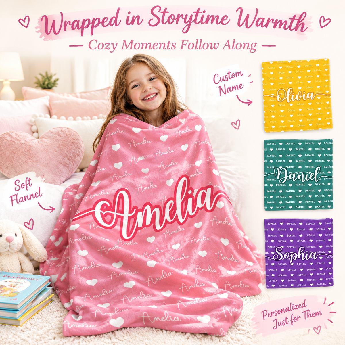 Manta Polar Personalizada Para Niños, Regalo De Cumpleaños Con Nombre Y Corazones, Acogedora Manta Sherpa Para Niñas Y Niños, Regalo De Navidad - miscalcetinescaramx