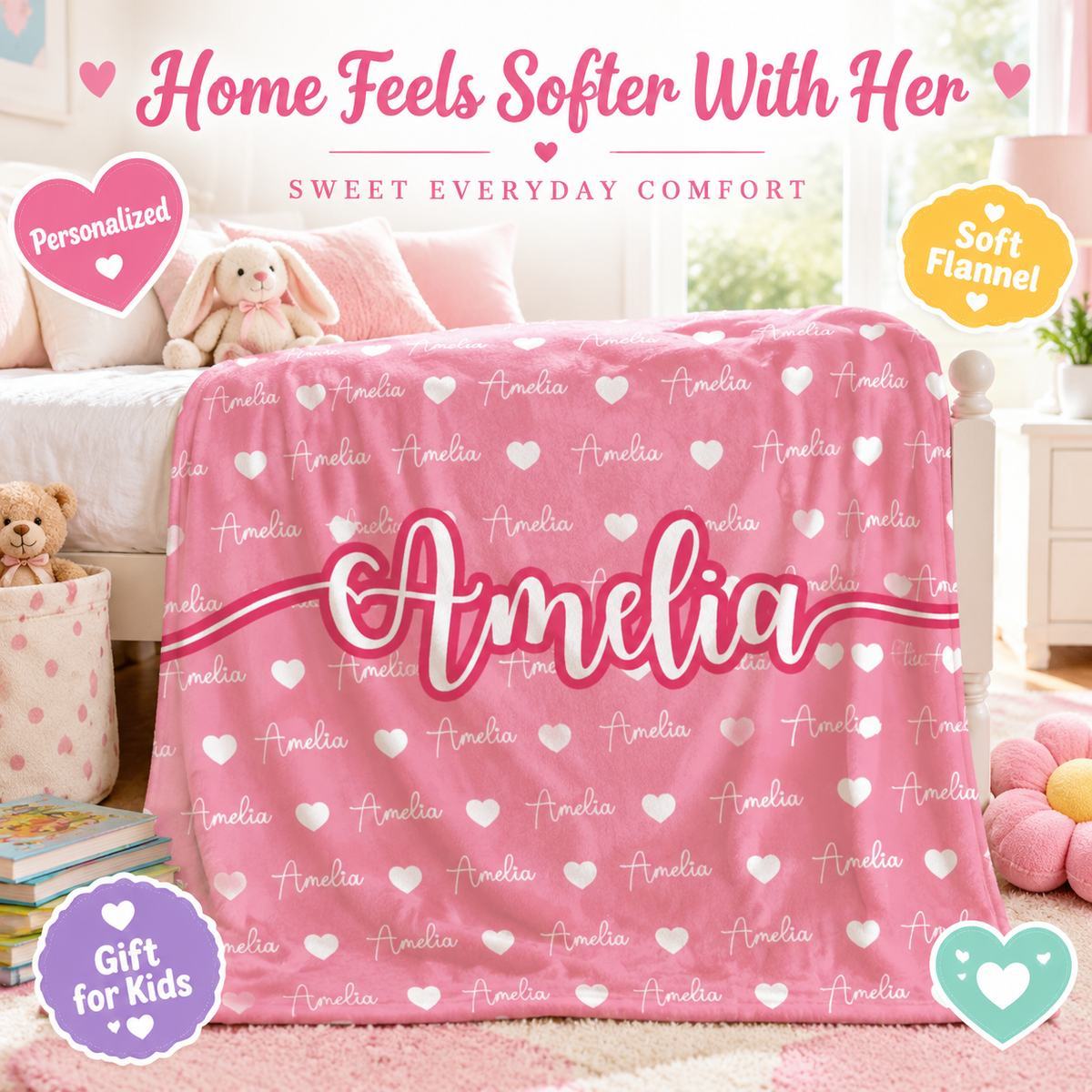 Manta Polar Personalizada Para Niños, Regalo De Cumpleaños Con Nombre Y Corazones, Acogedora Manta Sherpa Para Niñas Y Niños, Regalo De Navidad - miscalcetinescaramx