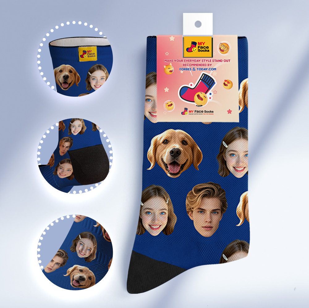 Calcetines Personalizados Con Caras, Calcetines Personalizados Con Foto De Caras, Azul Oscuro, Divertidos Calcetines Familiares Con Foto. - MyFaceSocksES