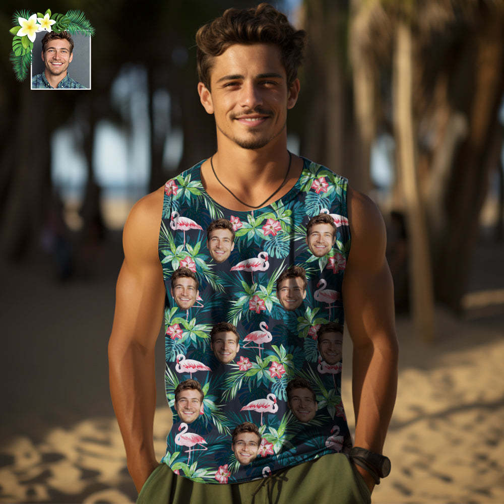 Camiseta Sin Mangas Para Hombre Con Cara Gruesa Personalizada, Hojas Y Flamencos - MyFaceSocksES