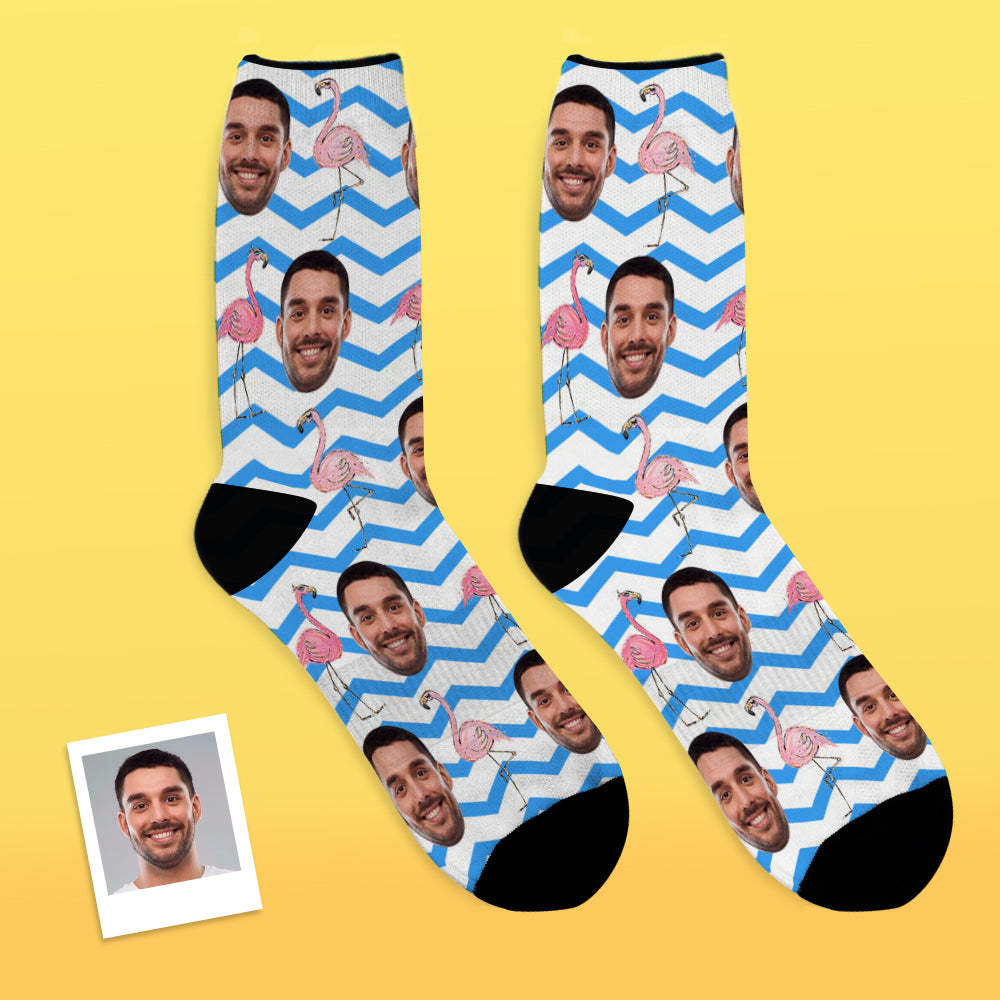 Calcetines De Cara Personalizados Agregar Imágenes Y Nombre Pink Flamingos Blue Zig Zag Calcetines Suaves Transpirables - MyFaceSocksES