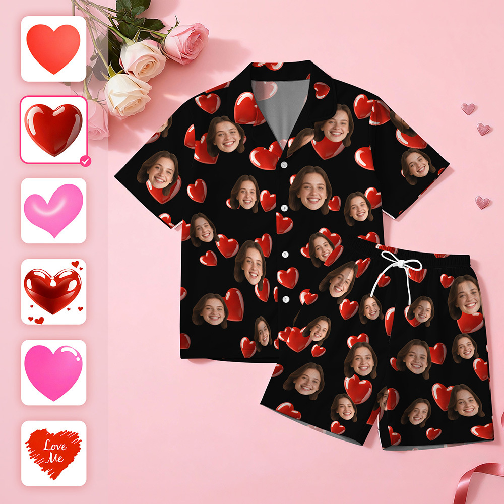 Pijama De Manga Corta Con Cara Personalizada, Ideal Como Pijama Para Parejas Con Cara De Corazón, Regalo De San Valentín Para Ella. - MyFaceSocksES