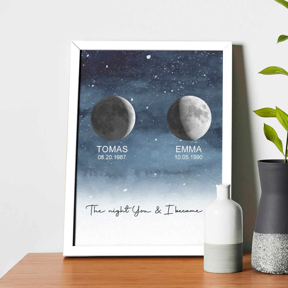 Marco De Impresión De Fase Lunar Personalizado, Adornos De Marco De Madera De Fase Lunar Personalizados, Regalos De Aniversario Para Ella Y Él - MyFaceSocksES