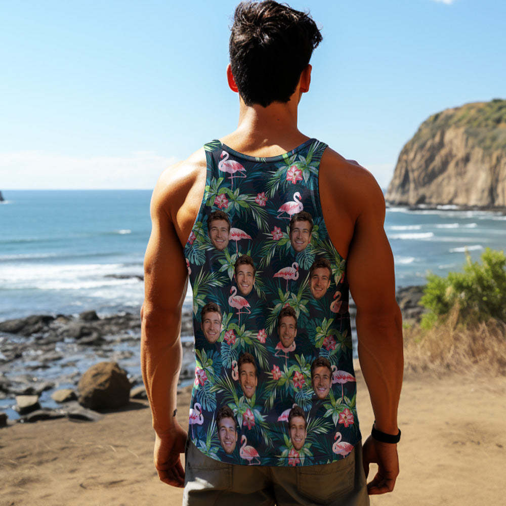 Camiseta Sin Mangas Para Hombre Con Cara Personalizada Hojas Y Flamencos - MyFaceSocksES