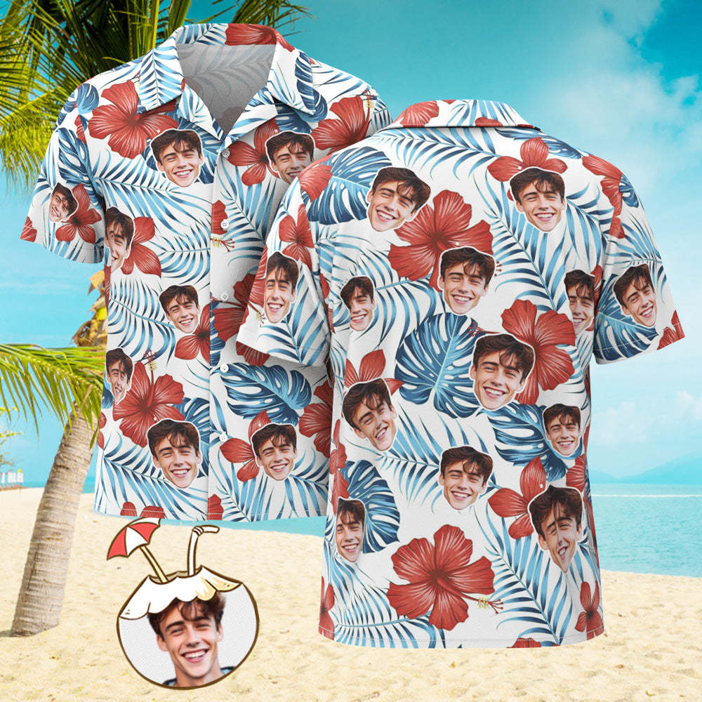 Camisa De Hombre Personalizada Con Estampado De Cara, Camisa Hawaiana, Hibisco Blanco - MyFaceSocksES