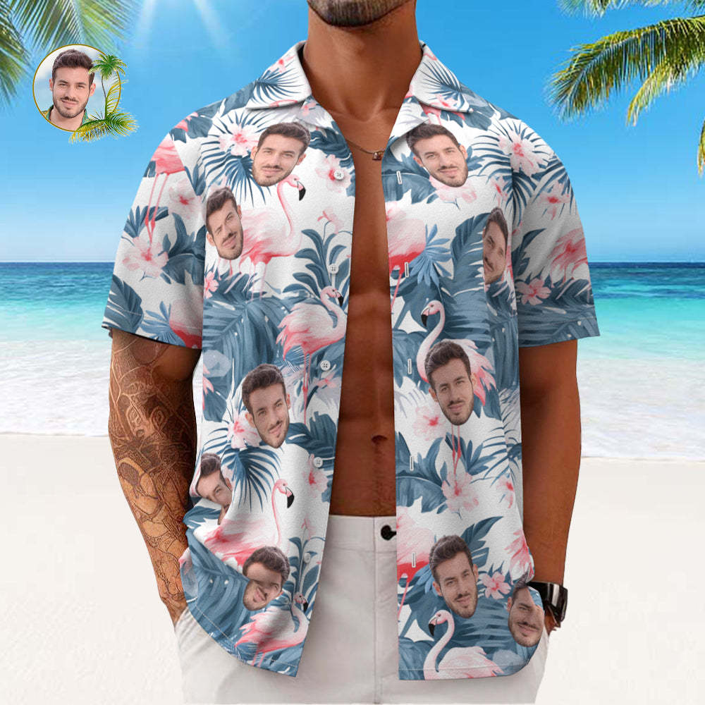 Camisa Hawaiana Para Hombre Con Estampado De Cara Personalizada, Flamenco Y Flores, Hojas Azules - MyFaceSocksES