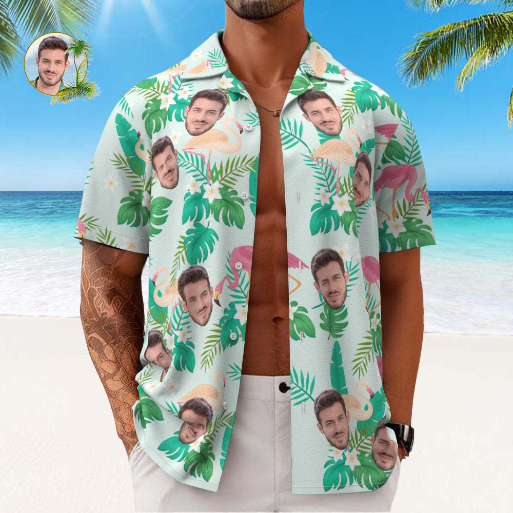 Camisa De Hombre Personalizada Con Estampado De Cara, Camisa Hawaiana, Hojas Verdes Y Flamenco - MyFaceSocksES