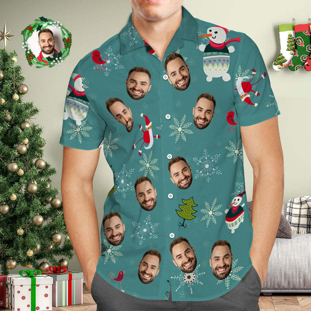 Camisa Hawaiana De Cara Personalizada Copos De Nieve Y Muñecos De Nieve Camisas Hawaianas Verdes Regalo De Navidad Para Él - MyFaceSocksES