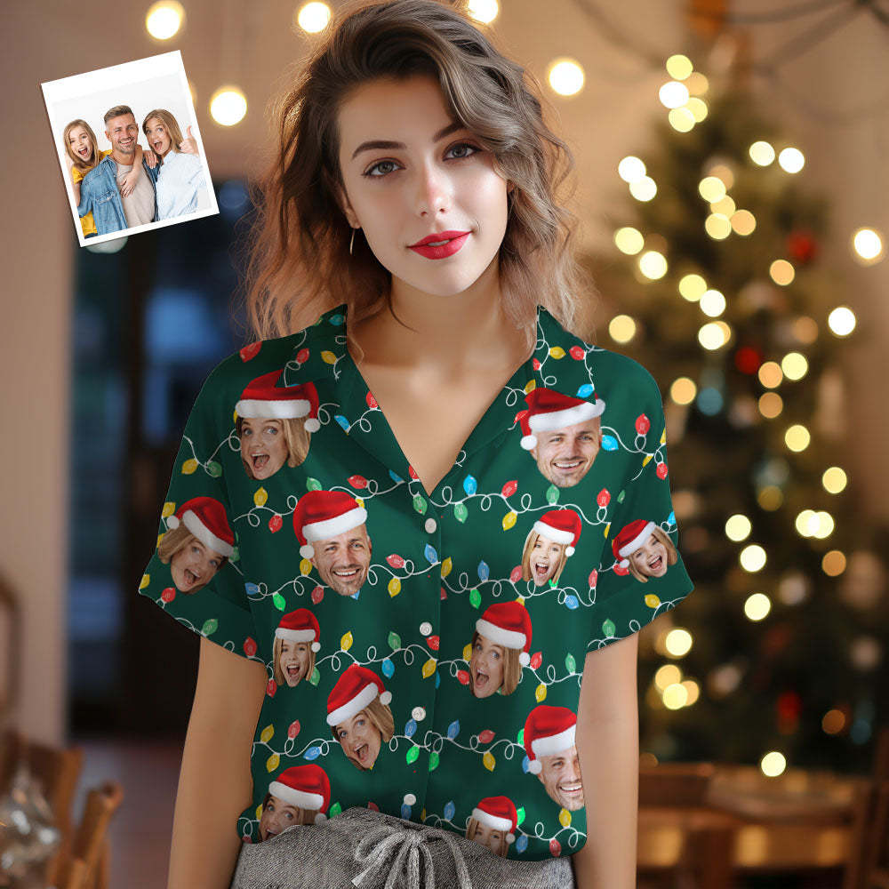 Camisas Hawaianas De Mujer Con Cara Personalizada, Foto Personalizada, Navidad, Familia, Navidad, Led, Camisas Aloha - MyFaceSocksES