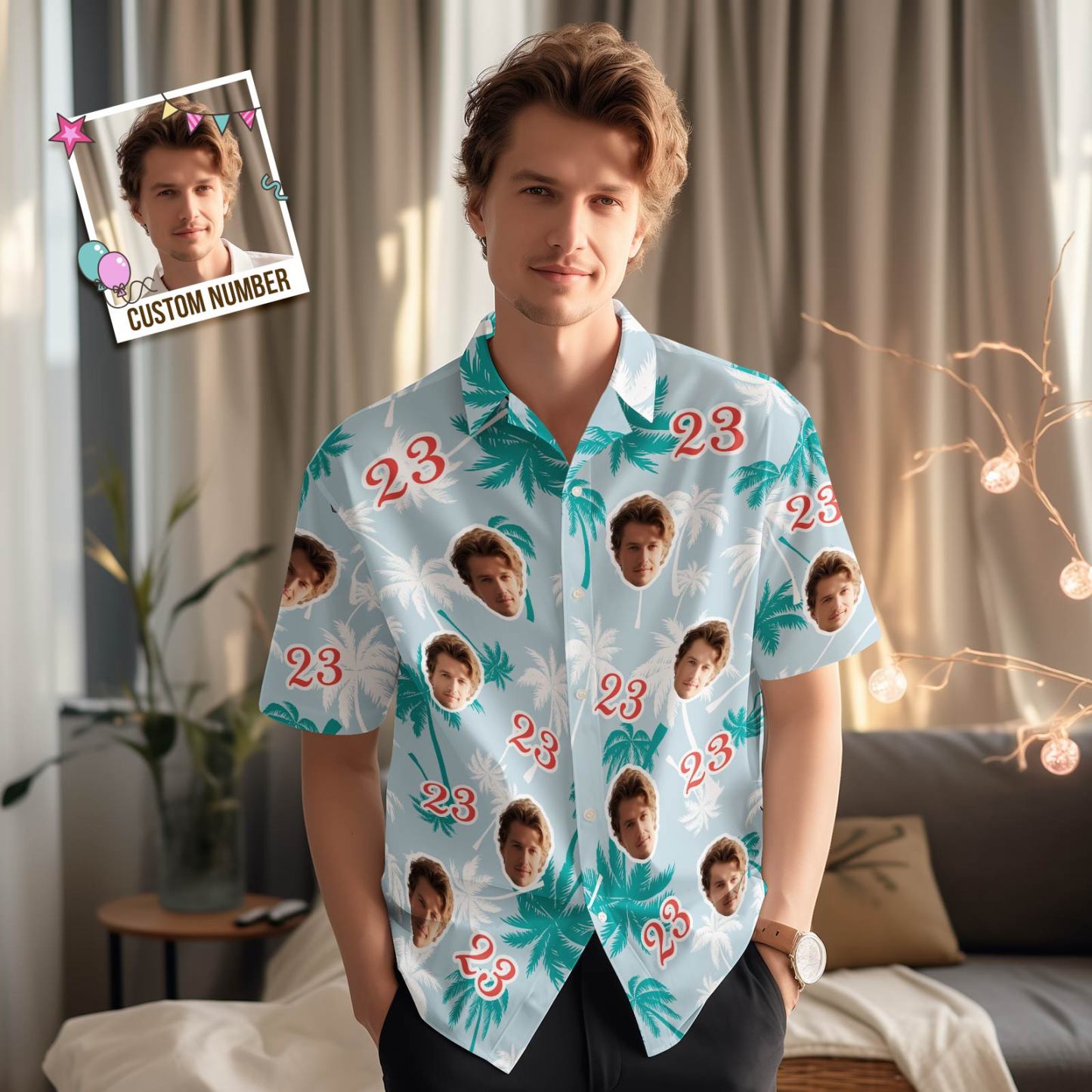 Camisas Hawaianas De Cumpleaños Con Cara Y Número Personalizadas, Camisa De Árbol De Coco - MyFaceSocksES