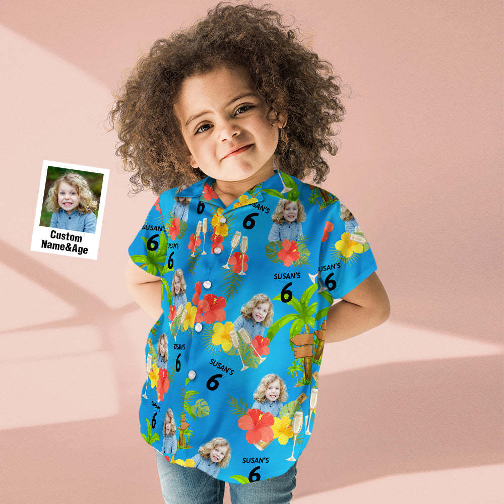 Personaliza Tu Propia Cara, Cumpleaños, Camisa Hawaiana Azul Para Niños, Edad Y Nombre Personalizados, Camisa De Flores Amarillas Y Rojas - MyFaceSocksES