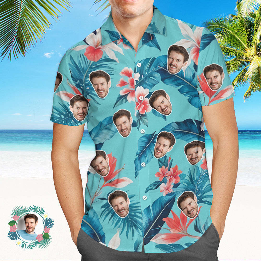 Camisa Hawaiana Con Cara Personalizada Camisa Hawaiana Con Cara De Hojas Y Flores Tropicales - MyFaceSocksES