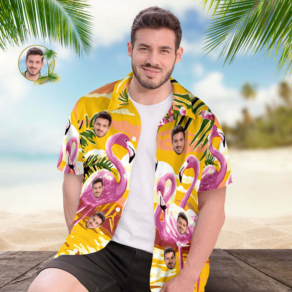 Camisa Hawaiana Con Cara De Hombre Personalizada Camisa Hawaiana Con Cara De Flamenco Y Crepúsculo - MyFaceSocksES