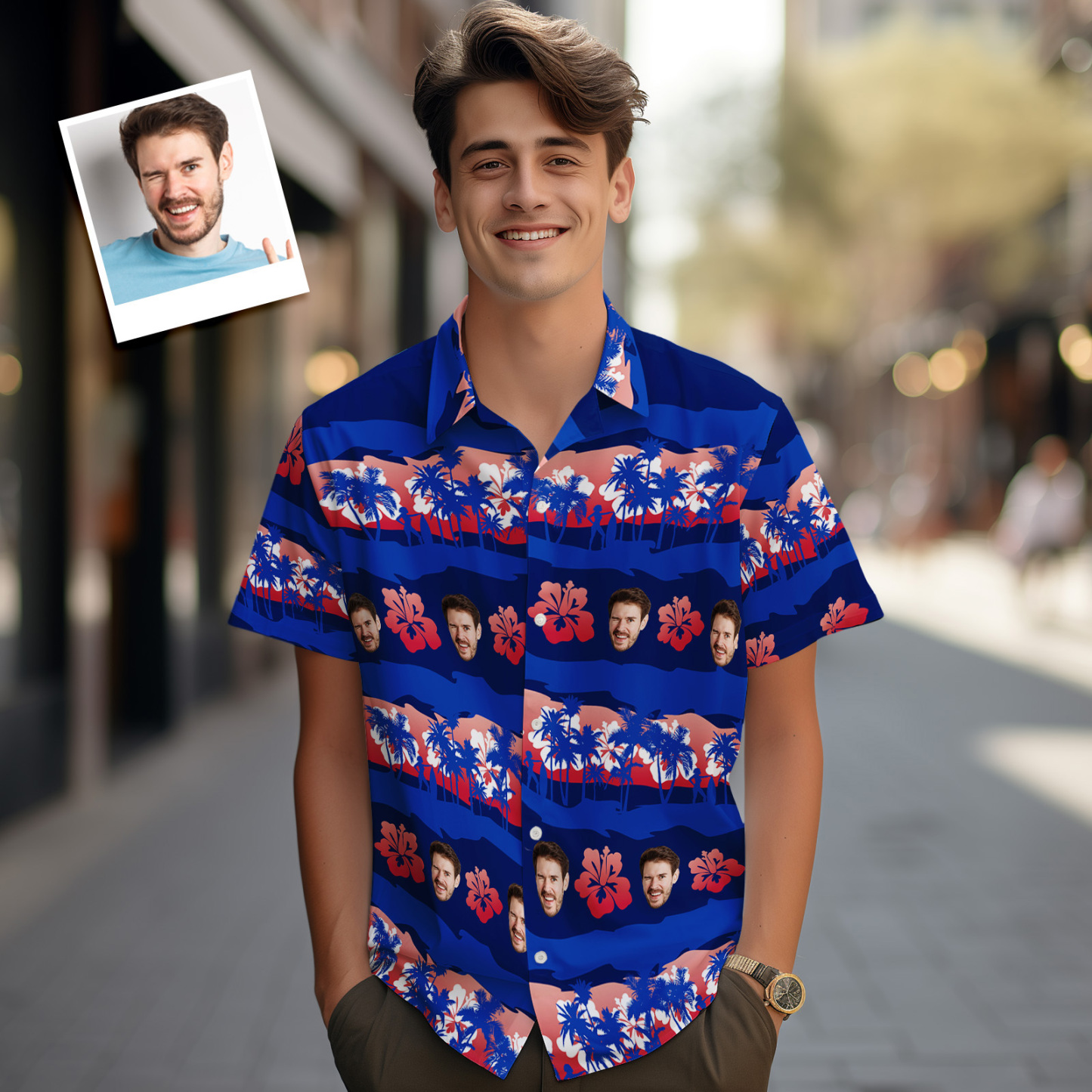 Camisas Hawaianas Con Logotipo Personalizado, Camisa De Playa Aloha Con Hojas Coloridas, Azul Oscuro - MyFaceSocksES