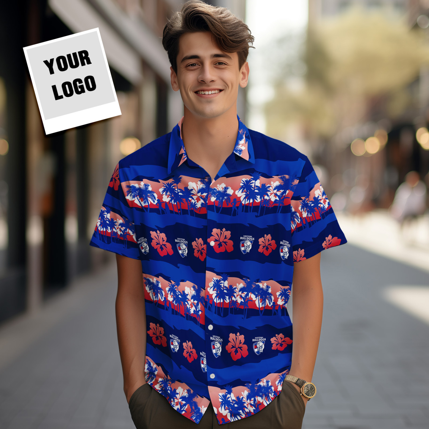 Camisas Hawaianas Con Logotipo Personalizado, Camisa De Playa Aloha Con Hojas Coloridas, Azul Oscuro - MyFaceSocksES