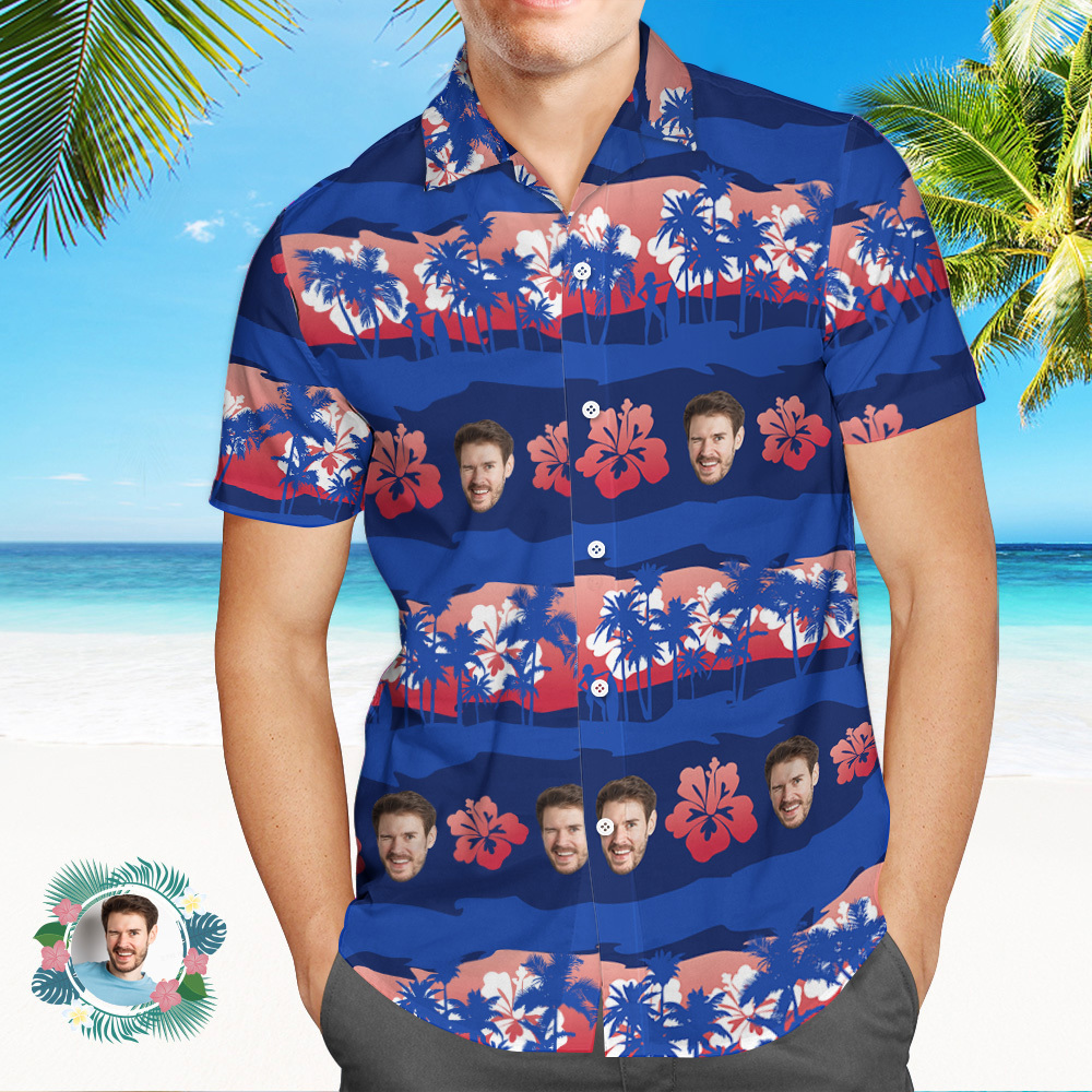 Camisas Hawaianas Con Logotipo Personalizado, Camisa De Playa Aloha Con Hojas Coloridas, Azul Oscuro - MyFaceSocksES