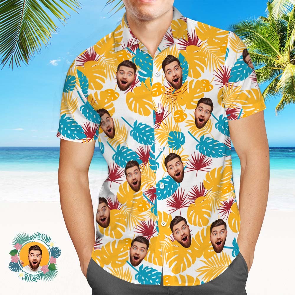 Camisas Hawaianas De Cara Personalizada Camisa Hawaiana De Playa Con Hojas Amarillas Y Azules - MyFaceSocksES