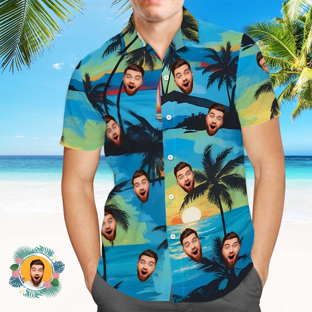 Camisa Hawaiana Con Cara De Hombre Personalizada, Camisa Hawaiana Con Velero De Playa Azul Y Amarillo - MyFaceSocksES