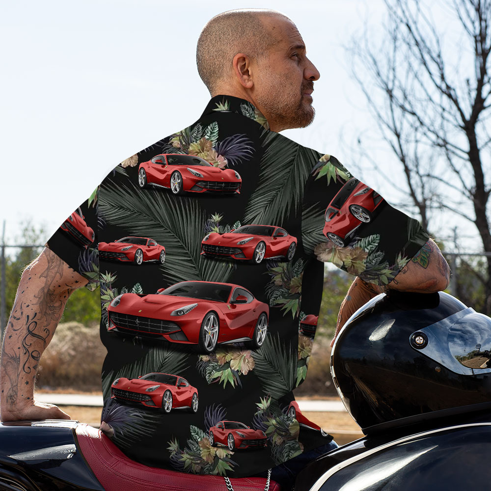 Camisa Hawaiana Con Cara Personalizada, Camisa Hawaiana Con Cara De Amante Del Coche Y Hojas Negras De Verano - MyFaceSocksES