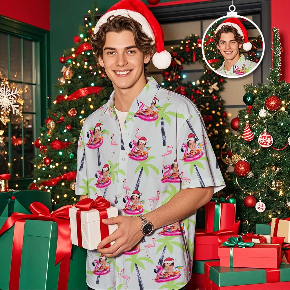 Camisa Hawaiana De Cara Personalizada Flamenco Personalizado Hojas Árbol Navidad Camisa Hawaiana Cara Camisa Hawaiana Regalo